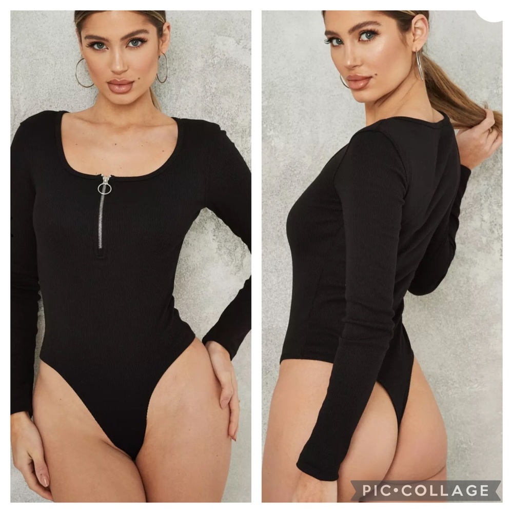 Black Zip Front Scoop Neck Ribbed Bodysuit